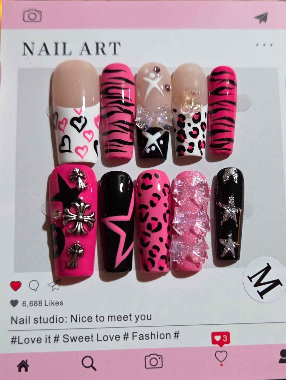 Y2K Zebra Print Hot Pink Blingy Leopard Print 3D Press On Nails
